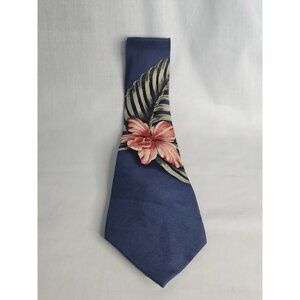 Tommy Bahama 100% Silk Men's Tie Blue With Red/Pink Hibiscus Flower Cruise wear